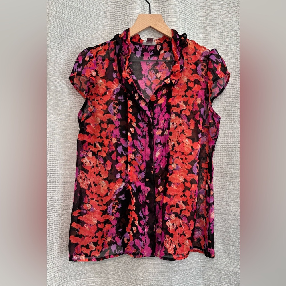 Worthington | Sheer Black with Red Purple Orange Floral Button Down Blouse | L